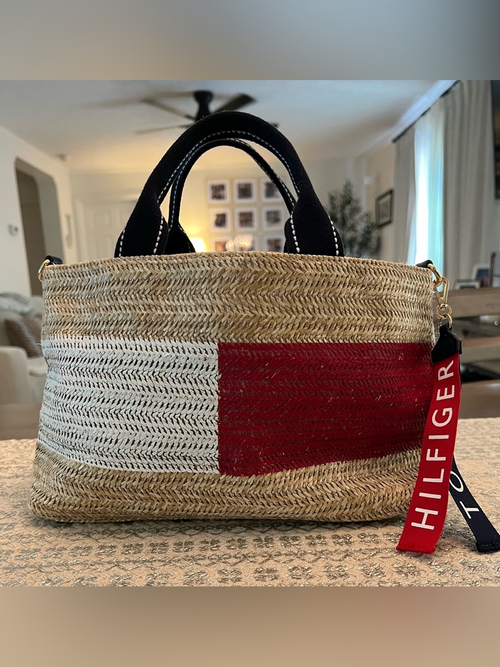 Tommy Hilfiger Straw Flag Tote Bag Red White Blue Logo Branded Tag